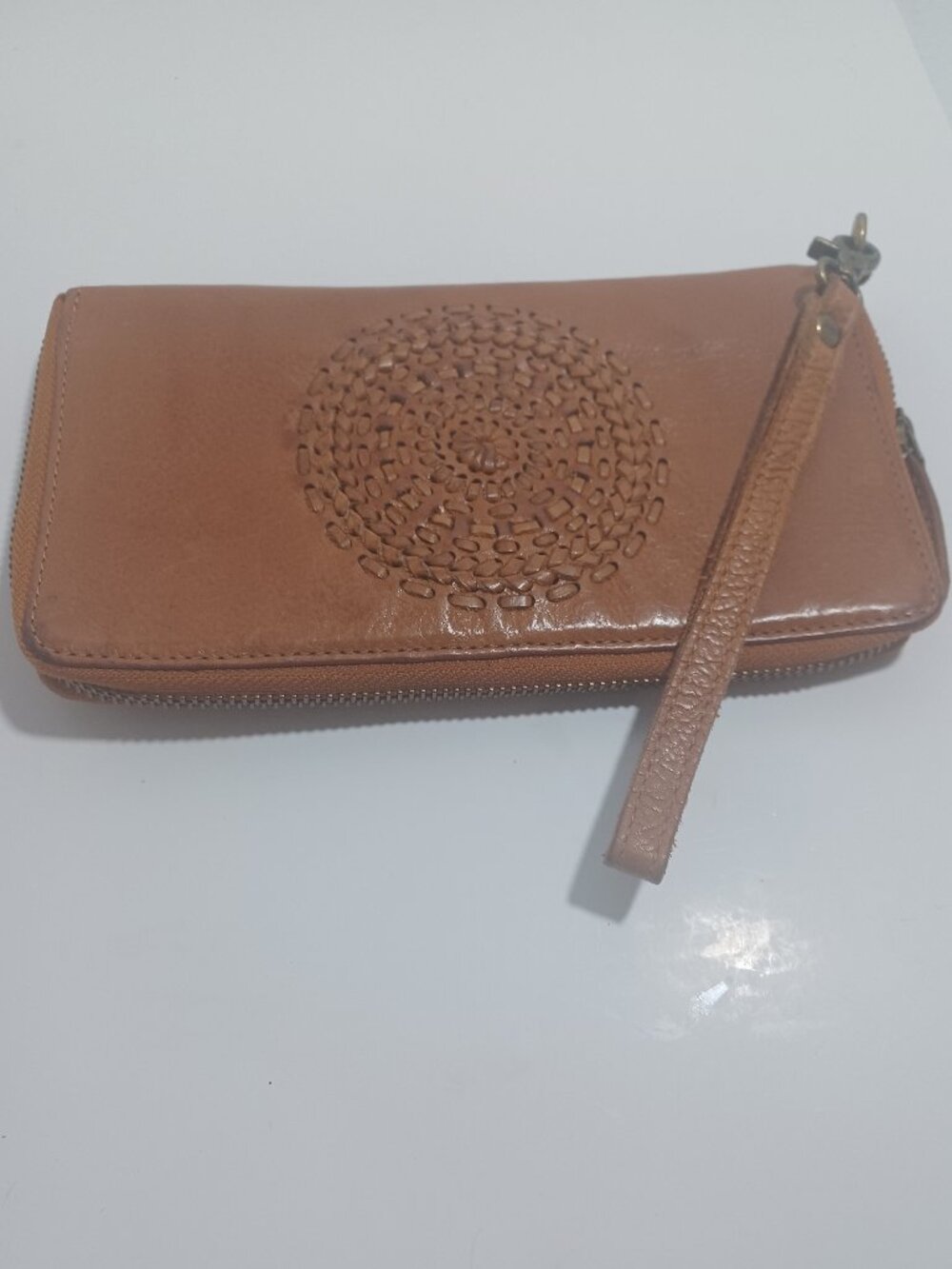 Vilenca Holland Embossed Cognac Geniune Leather Large Zip-Around Wallet/Wristlet